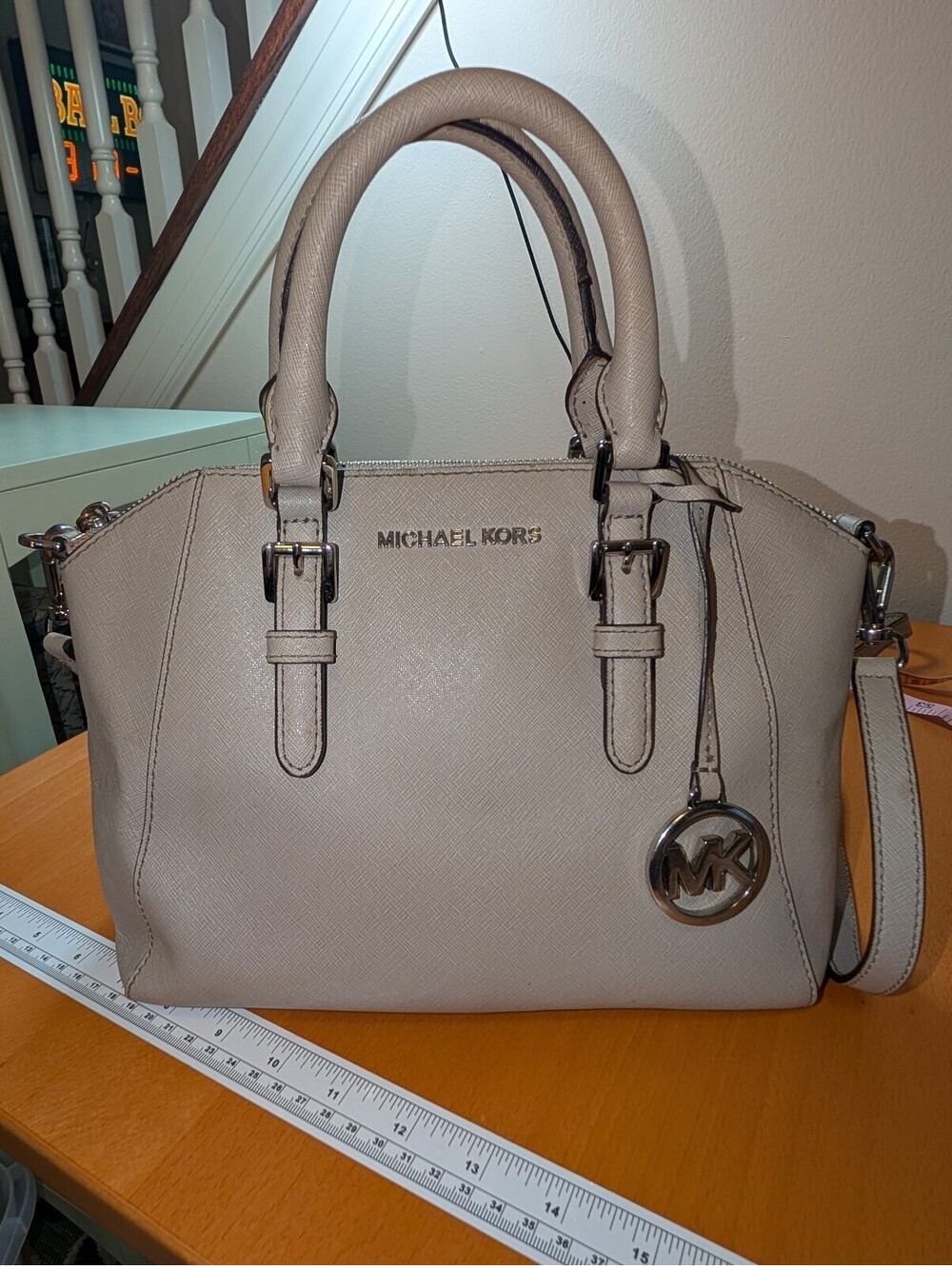 2104 - Michael Kors Saffiano Leather Satchel Bag in Beige